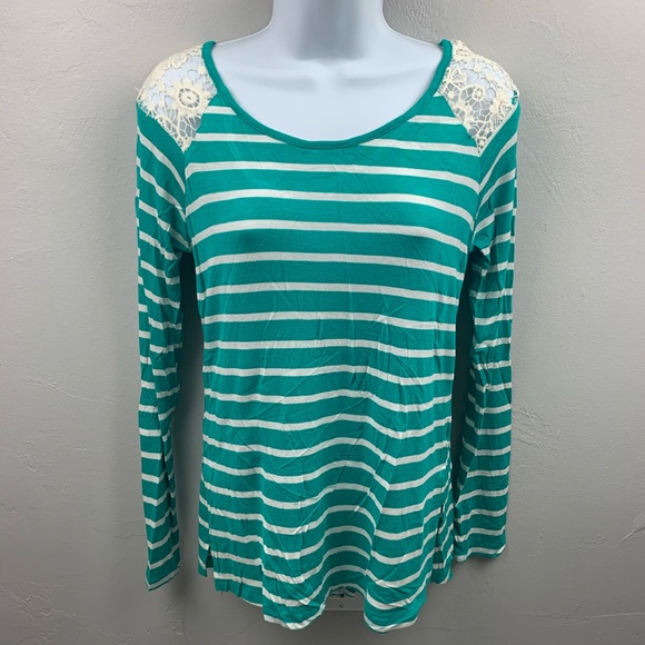 Hippie Rose Tops - HIPPIE ROSE CROCHET SHOULDER STRIPED SHIRT - SMALL